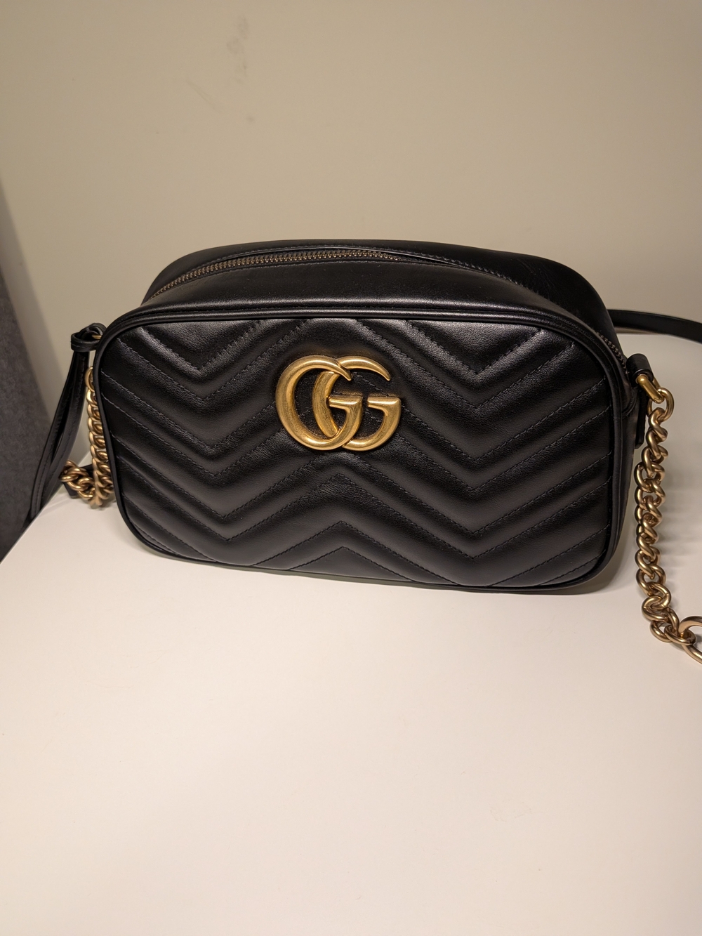 Gucci Black Chevron Quilted Leather Crossbody with Gold GG